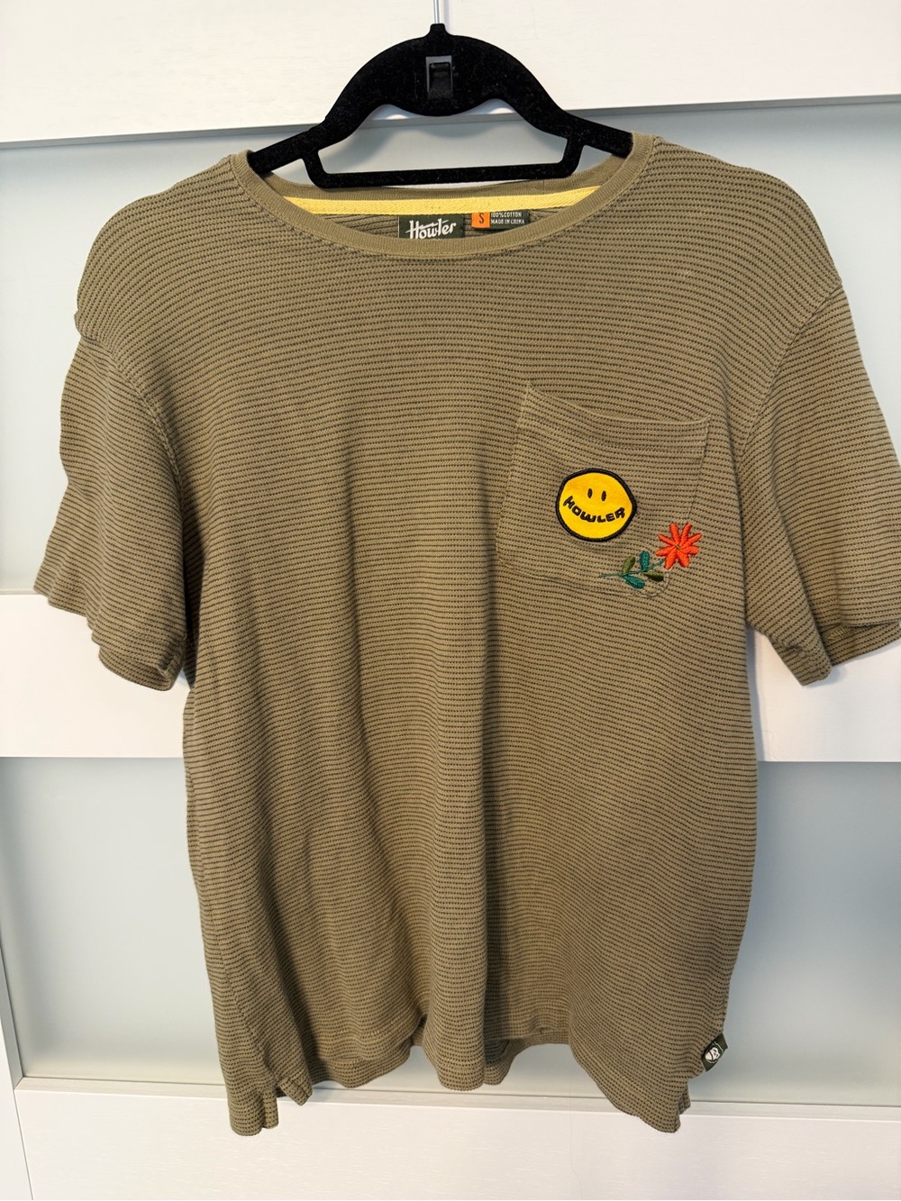 Howler Brothers Olive Green Short Sleeve Pocket Tee with Embroidered Smiley